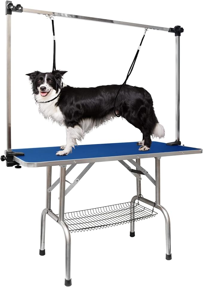 ROOMTEC 46" Dog Grooming Table,Foldable Home Pet Bathing Station with Adjustable Height Arm/Noose/Mesh Tray