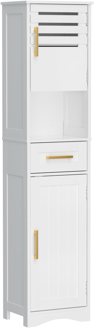 ROOMTEC Bathroom Floor Storage Cabinet,Freestanding Bathroom Cabinet with 2 Drawers and 2 Doors,Storage Cabinet with 5 Adjustable Height Shelf, 23.62 x 11.81 x 43.3Inches, White
