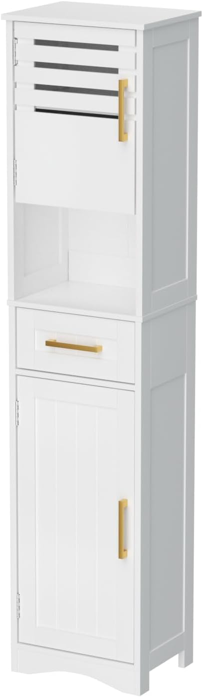 ROOMTEC Bathroom Floor Storage Cabinet,Freestanding Bathroom Cabinet with 2 Drawers and 2 Doors,Storage Cabinet with 5 Adjustable Height Shelf, 23.62 x 11.81 x 43.3Inches, White