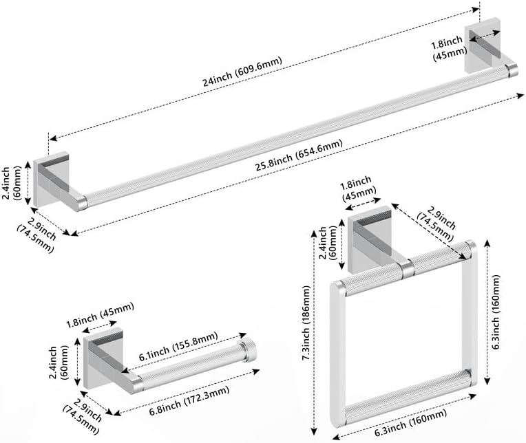 Bathroom Hardware Set 3 Piece Brushed Nickel/Brushed Gold Bathroom Accessories Set Including 24" Hand Towel Bars, Toilet Paper Holders, Towel Rings(3pcs, Brushed Nickel)