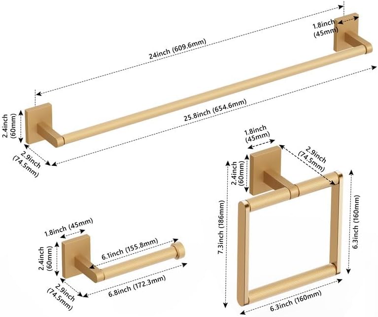 Bathroom Hardware Set 3 Piece Brushed Nickel/Brushed Gold Bathroom Accessories Set Including 24" Hand Towel Bars, Toilet Paper Holders, Towel Rings(3pcs, Brushed Nickel)