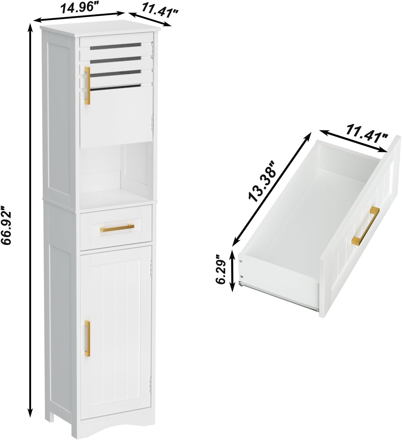 ROOMTEC Bathroom Floor Storage Cabinet,Freestanding Bathroom Cabinet with 2 Drawers and 2 Doors,Storage Cabinet with 5 Adjustable Height Shelf, 23.62 x 11.81 x 43.3Inches, White