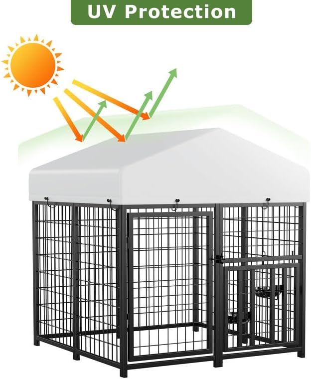 ROOMTEC Large Dog Kennel Outdoor Pet Pens Dogs Run Enclosure Animal Hutch Metal Coop Fence with Rotating Bowl (4'L x 4'W x 4.25'H)