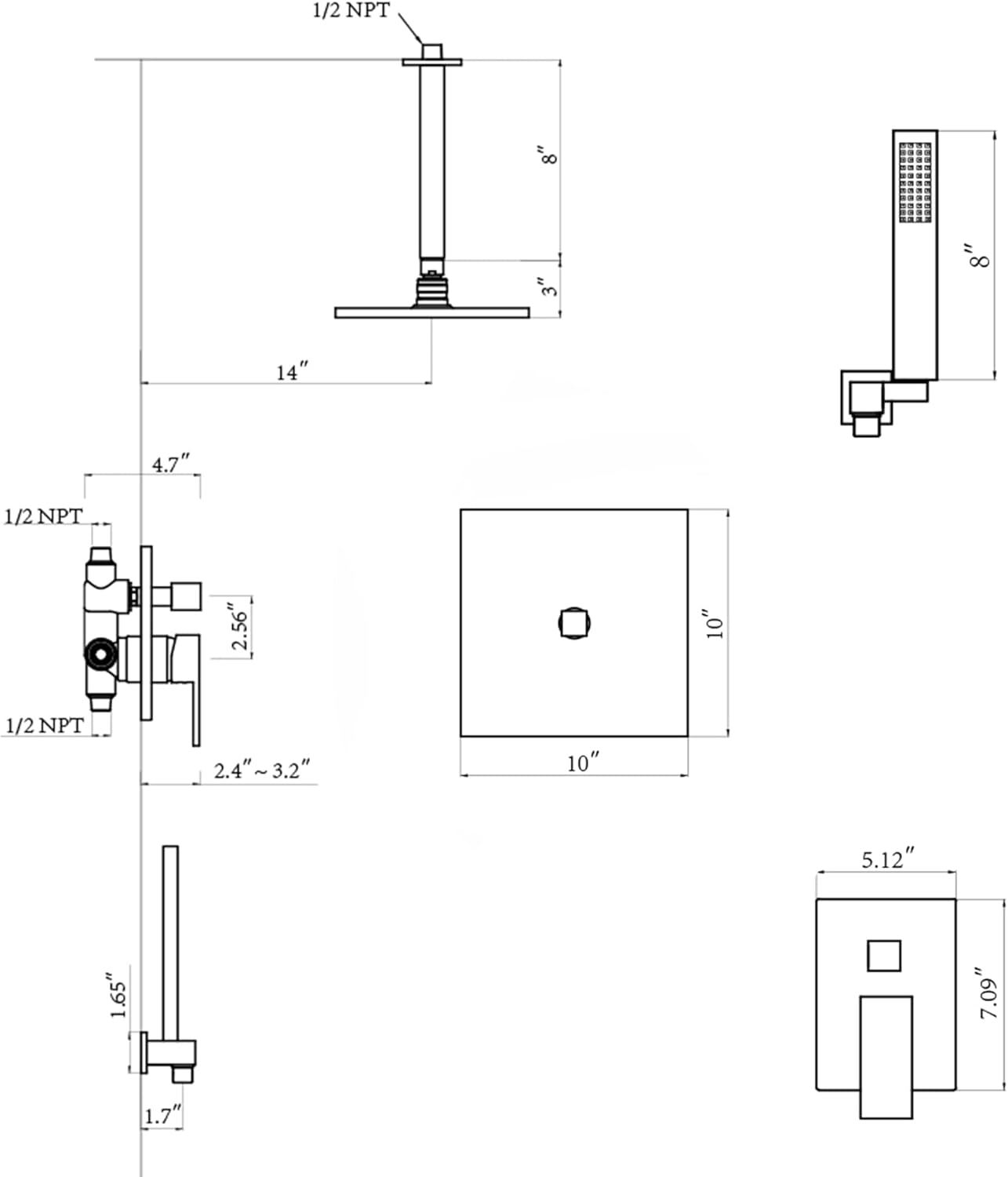 ROOMTEC Shower System with 10 Inch Rain Shower Head and Handheld Celling Mounted, High Pressure Rainfall Shower Faucet Fixture Combo Set with 2 in 1 Handheld Showerhead for Bathroom, Chrome