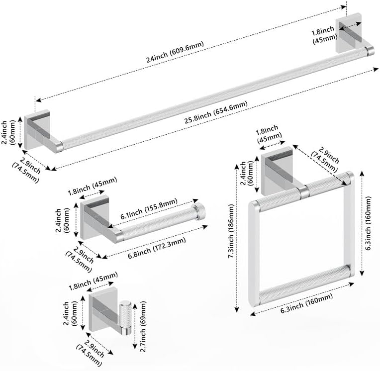 Bathroom Hardware Set 3 Piece Brushed Nickel/Brushed Gold Bathroom Accessories Set Including 24" Hand Towel Bars, Toilet Paper Holders, Towel Rings(3pcs, Brushed Nickel)