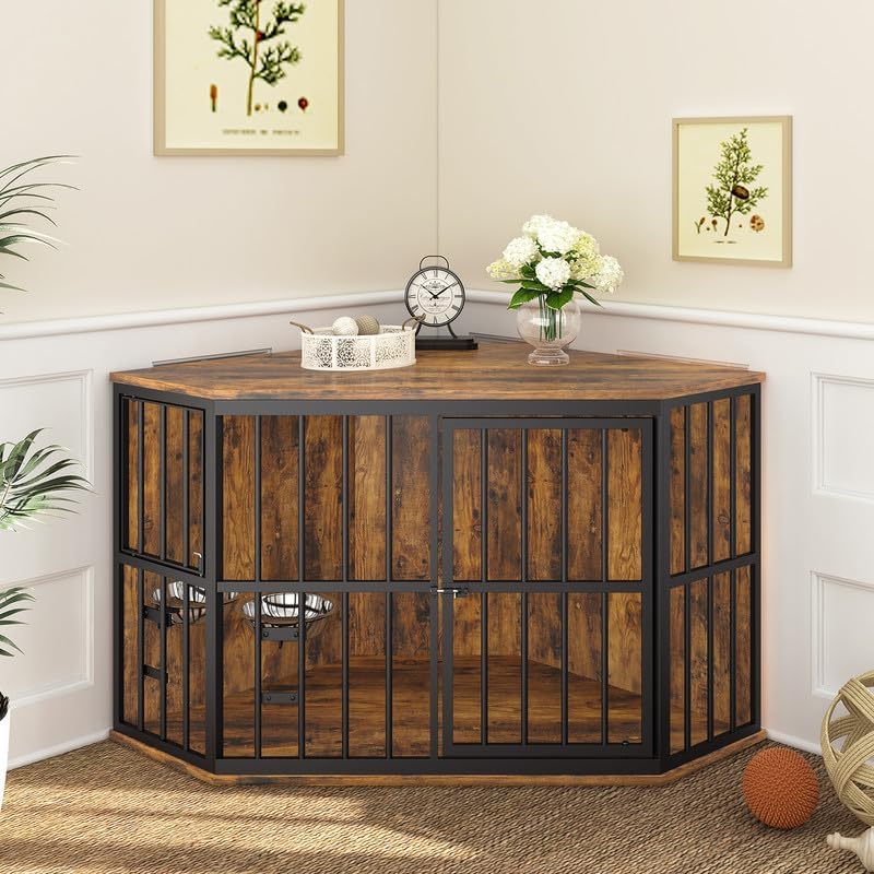 ROOMTEC 42 inch Furniture Dog Crate Corner, Dog Kennel Corner Wooden End Table with Bowl, Indoor Pet Crates Corner Side Table for Dogs, Wide Top Perfect for Limited Room