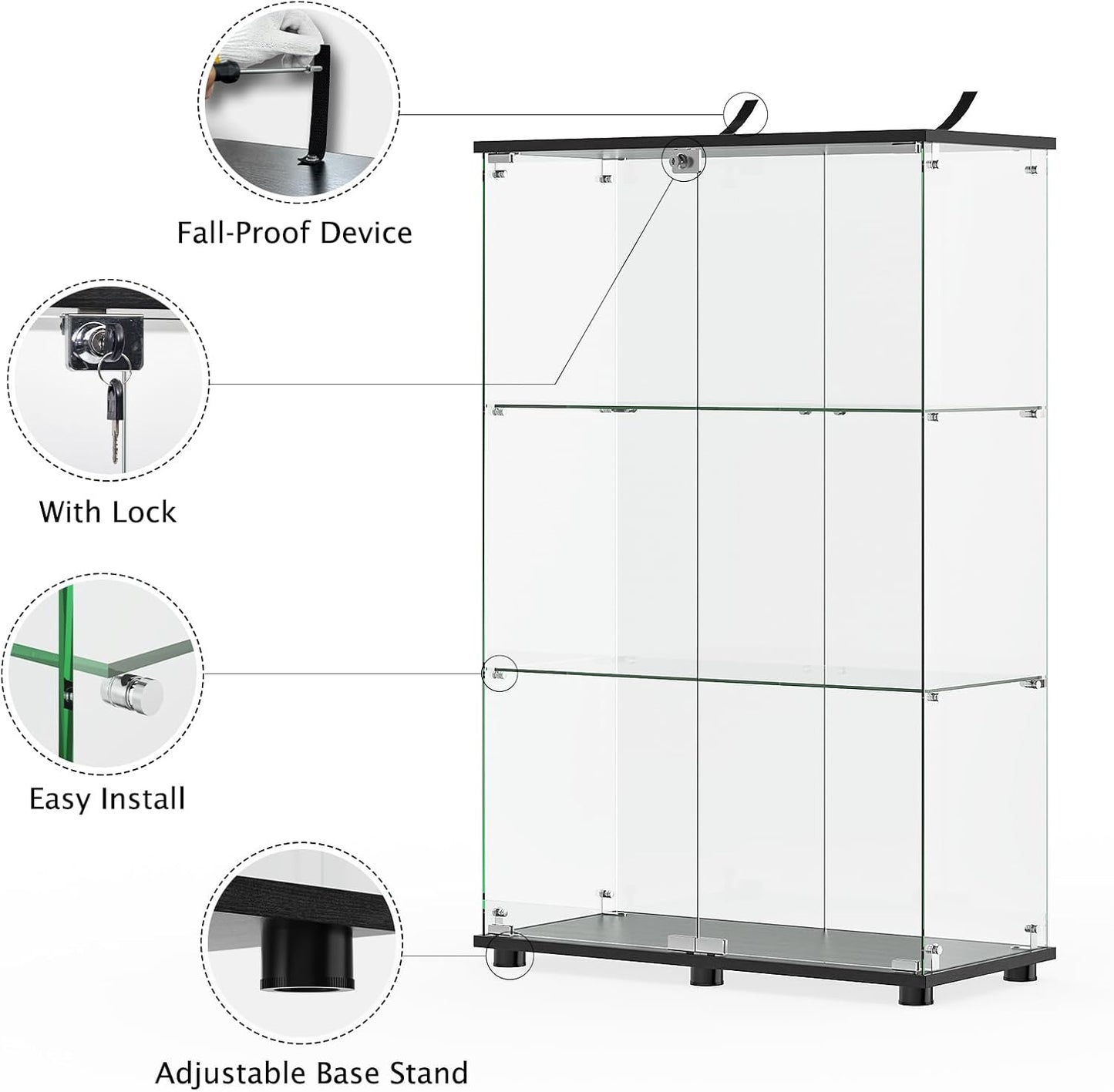 ROOMTEC Glass Display Cabinet with 3 Shelves,Double Doors, Floor Standing Display Cage, for Living Room Bedroom Office, 49.49 x 31.77 x 14.37 in, Black