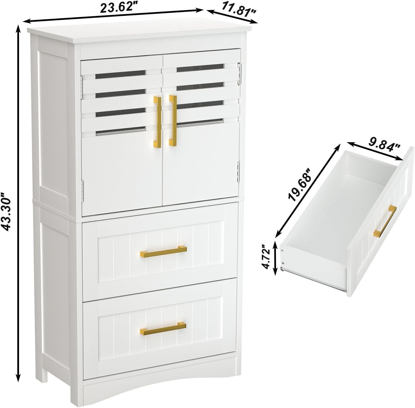 ROOMTEC Bathroom Floor Storage Cabinet,Freestanding Bathroom Cabinet with 2 Drawers and 2 Doors,Storage Cabinet with 5 Adjustable Height Shelf, 23.62 x 11.81 x 43.3Inches, White