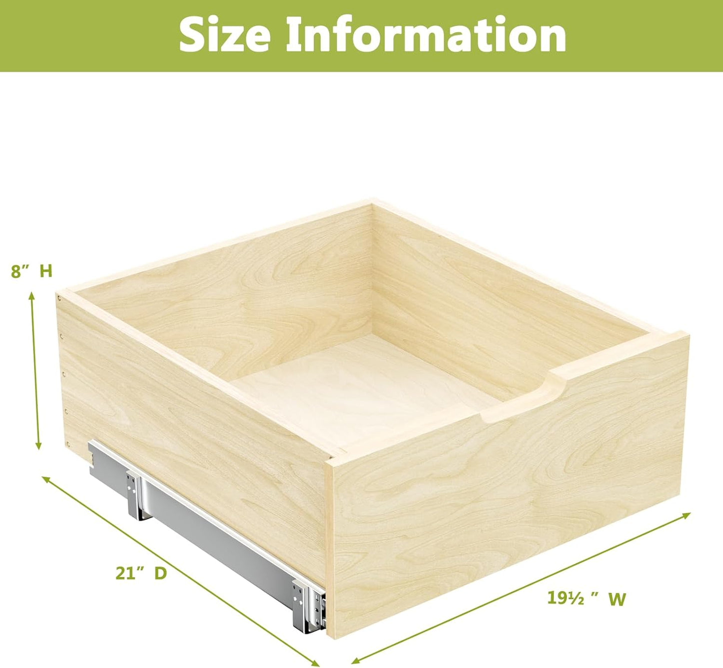 ROOMTEC Pull Out Cabinet Organizer with Full Extension Rail Slides, Wooden Pull Out Shelf for Kitchen Cabinet Pantry, 8" High Pull Out Drawer Storage Organizer with U Bracket, 10½"W×21" D, Hard Close