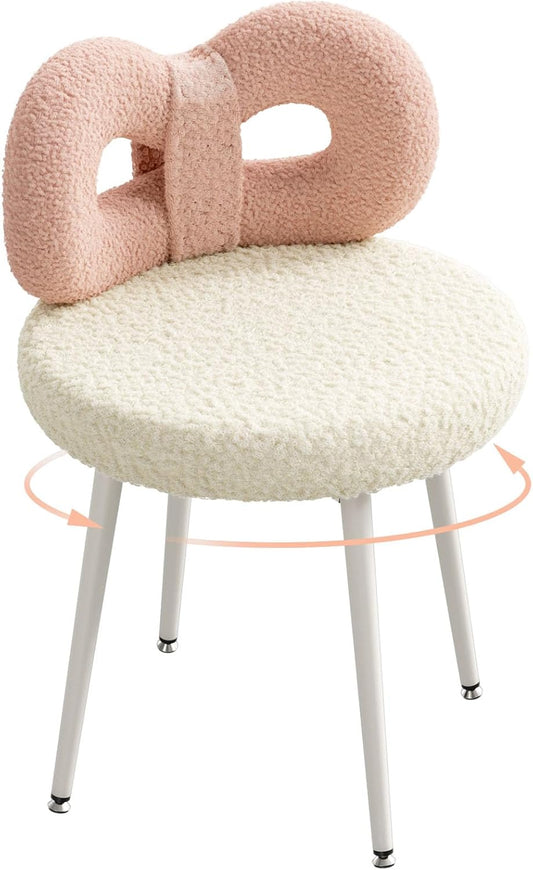 ROOMTEC Bedroom Pink Chair | No Wheels, Small Swivel, Upholstered, Cute Bow Backrest | Living Room, Comfy Desk, Makeup Reading Dining | Girls, Women, Kids