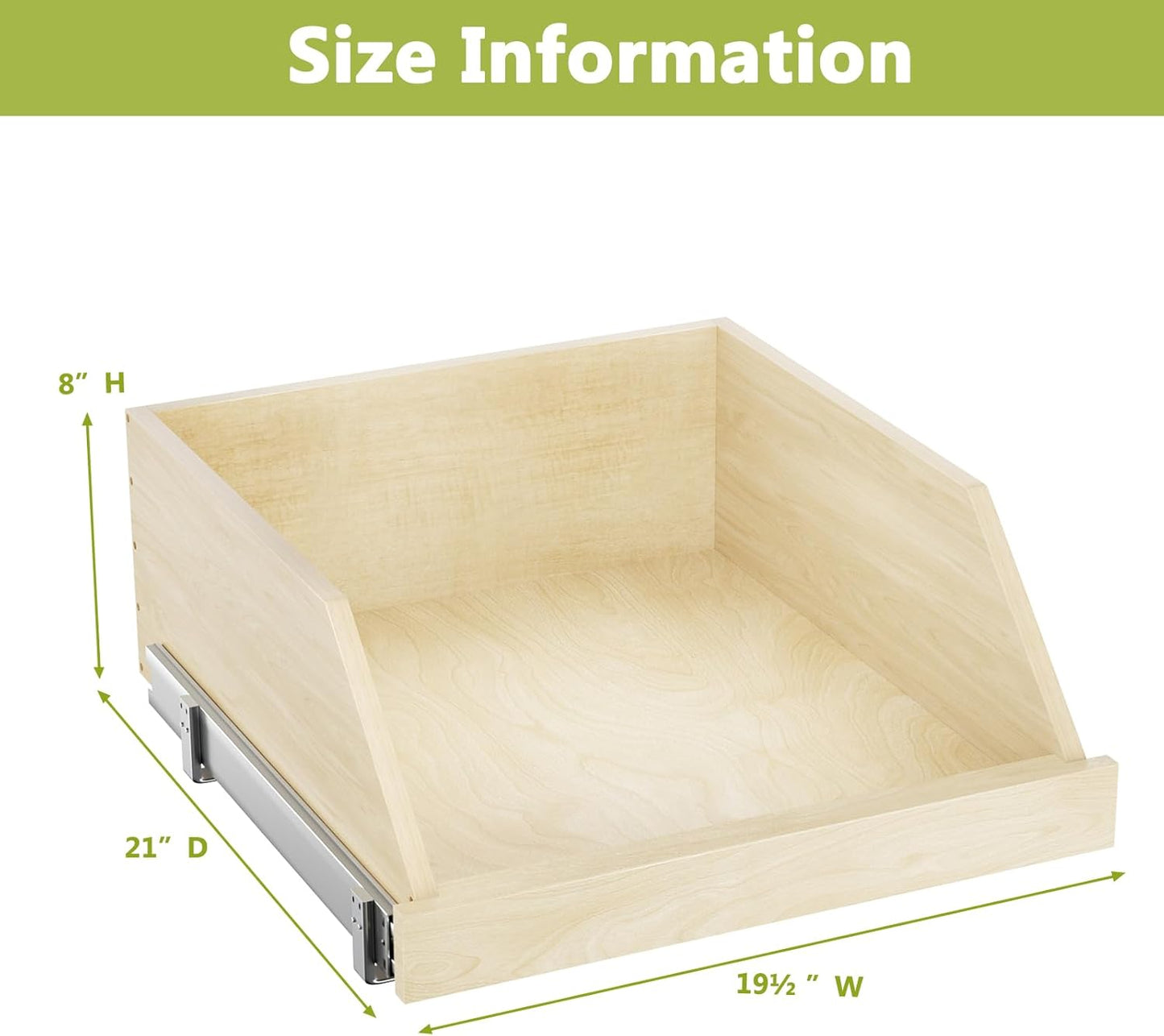 ROOMTEC Pull Out Cabinet Organizer with Full Extension Rail Slides, Pull Out Shelf for Kitchen Cabinet Pantry, Beveled 8" High Pull out Drawer Storage Organizer with U Bracket, 10½"W×21"D, Hard Close