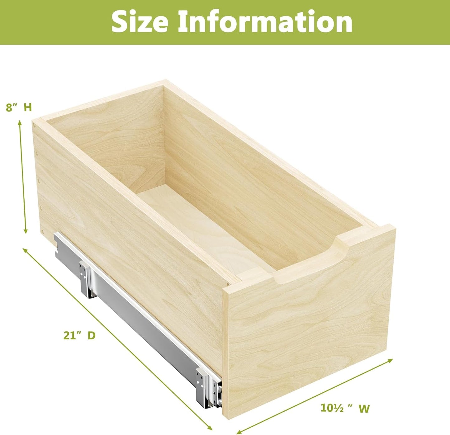 ROOMTEC Pull Out Cabinet Organizer with Full Extension Rail Slides, Wooden Pull Out Shelf for Kitchen Cabinet Pantry, 8" High Pull Out Drawer Storage Organizer with U Bracket, 10½"W×21" D, Hard Close