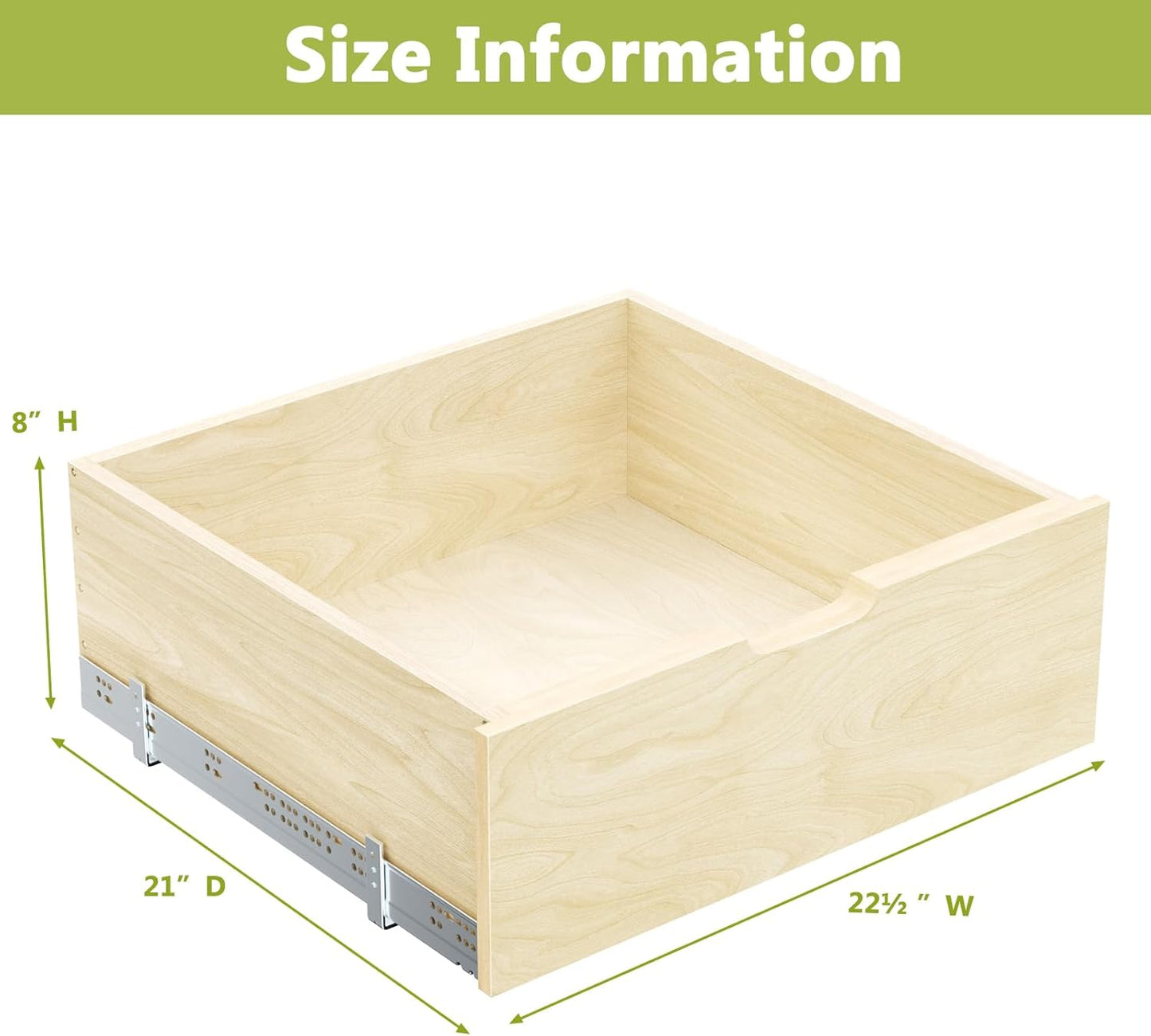 ROOMTEC Pull Out Cabinet Organizer with Full Extension Rail Slides, Wooden Pull Out Shelf for Kitchen Cabinet Pantry, 8" High Pull Out Drawer Storage Organizer with U Bracket, 10½"W×21" D, Hard Close