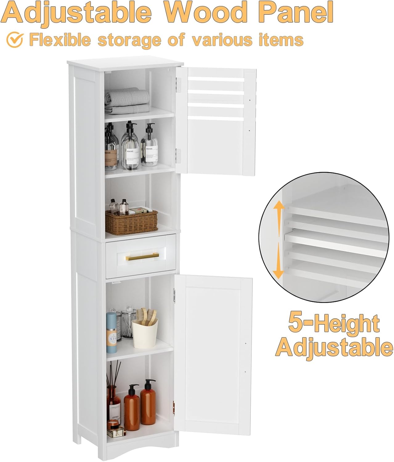 ROOMTEC Bathroom Floor Storage Cabinet,Freestanding Bathroom Cabinet with 2 Drawers and 2 Doors,Storage Cabinet with 5 Adjustable Height Shelf, 23.62 x 11.81 x 43.3Inches, White