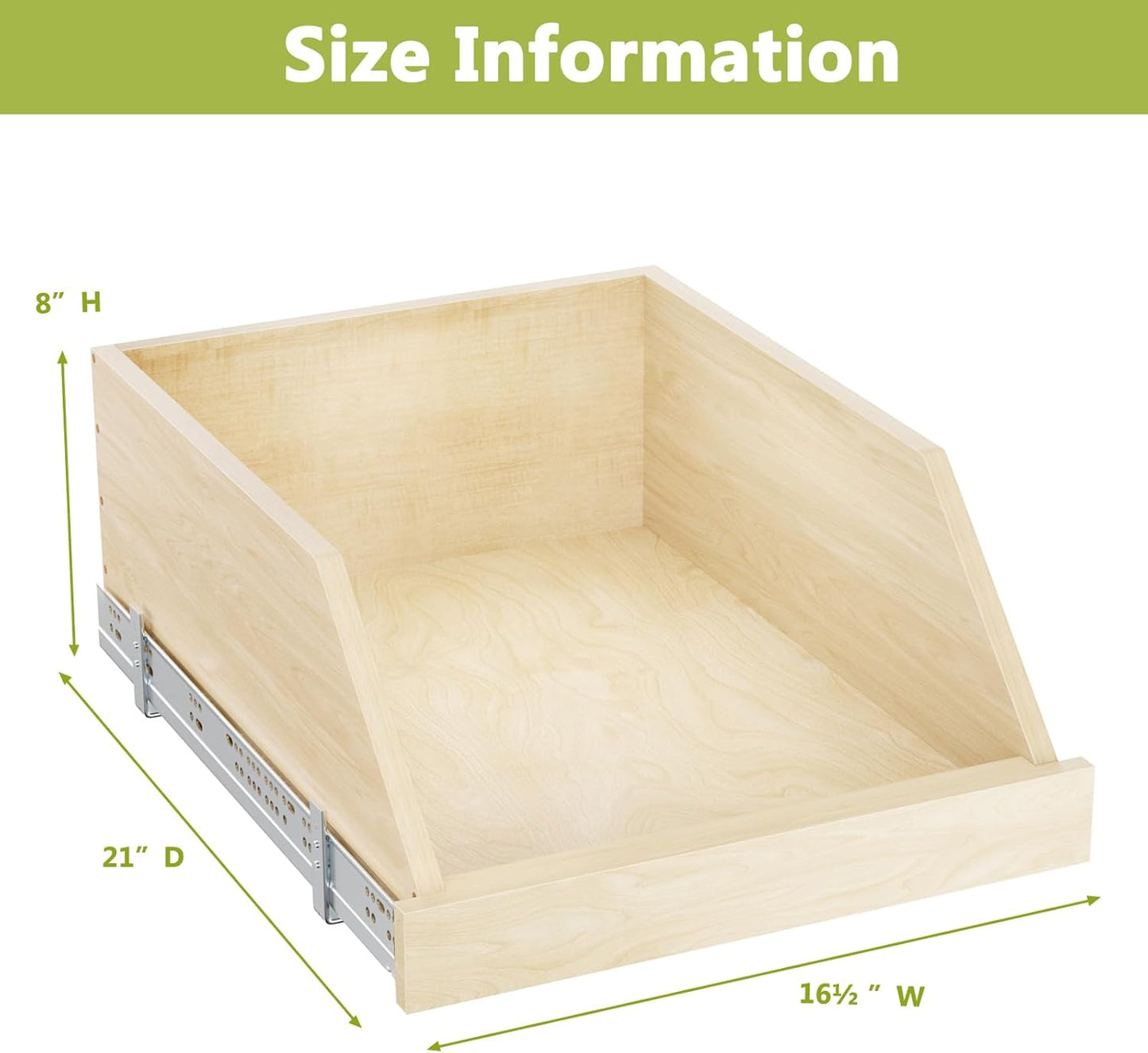 ROOMTEC Pull Out Cabinet Organizer with Full Extension Rail Slides, Pull Out Shelf for Kitchen Cabinet Pantry, Beveled 8" High Pull out Drawer Storage Organizer with U Bracket, 10½"W×21"D, Hard Close