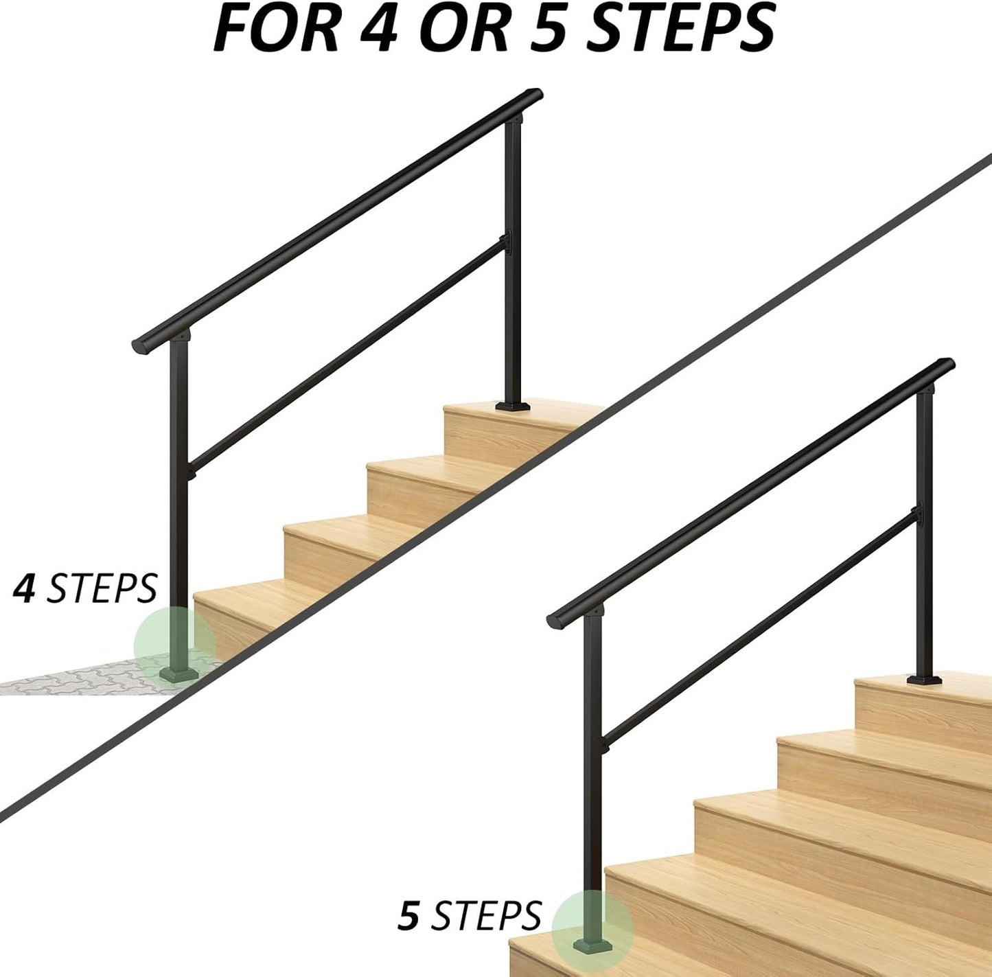 ROOMTEC  2 Step Hand Rails for Outdoor Steps, Wrought Iron Railing, Exterior Hand Railing for Steps, Porch Railing Kit (1-2 Steps Handrail)