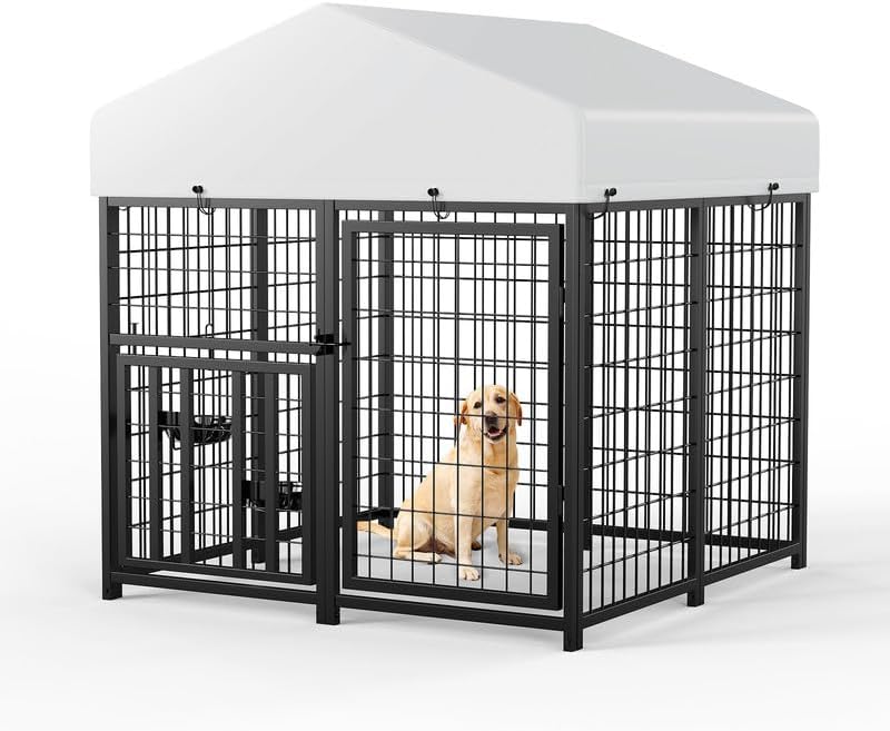ROOMTEC Large Dog Kennel Outdoor Pet Pens Dogs Run Enclosure Animal Hutch Metal Coop Fence with Rotating Bowl (4'L x 4'W x 4.25'H)