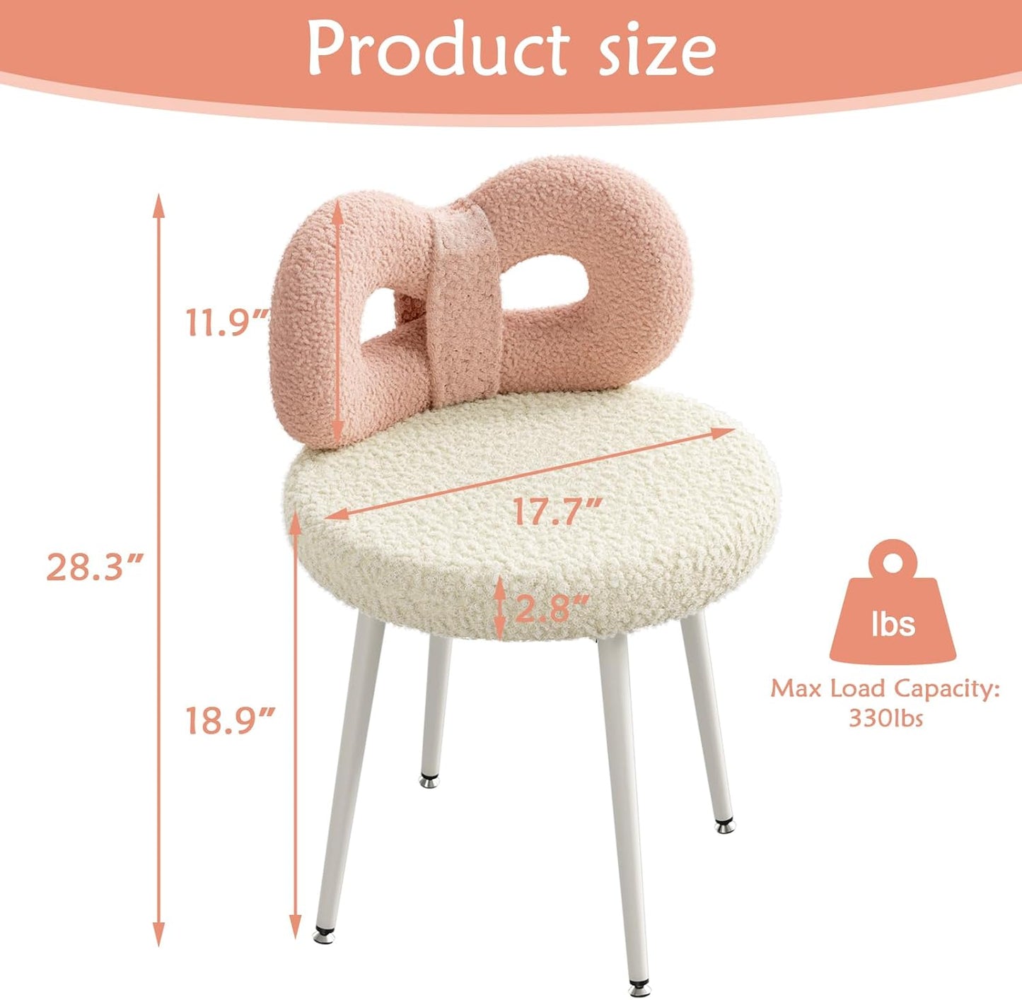 ROOMTEC Bedroom Pink Chair | No Wheels, Small Swivel, Upholstered, Cute Bow Backrest | Living Room, Comfy Desk, Makeup Reading Dining | Girls, Women, Kids