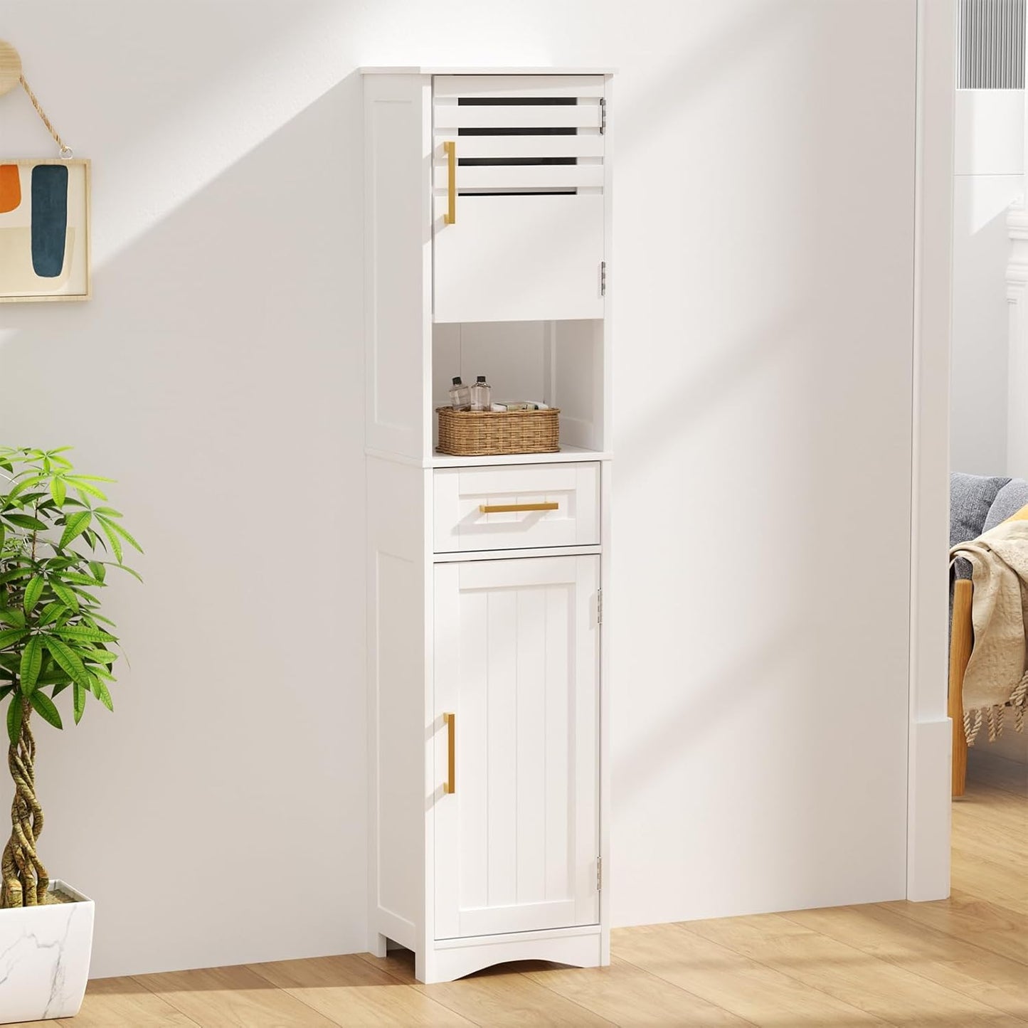 ROOMTEC Bathroom Floor Storage Cabinet,Freestanding Bathroom Cabinet with 2 Drawers and 2 Doors,Storage Cabinet with 5 Adjustable Height Shelf, 23.62 x 11.81 x 43.3Inches, White