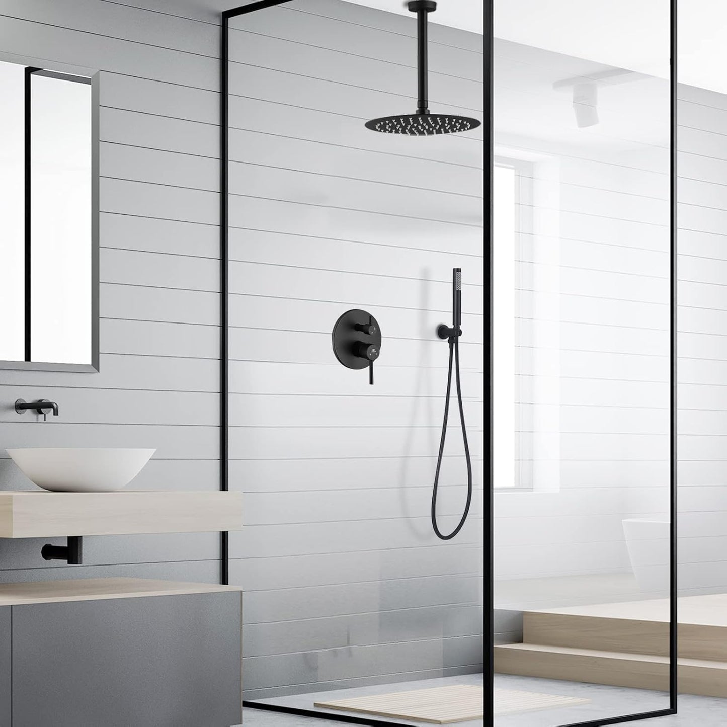 10 Inches Bathroom Rain Mixer Shower Combo Set Celling Mounted Rainfall Shower Head System Matte Black Finish Shower Faucet Rough-In