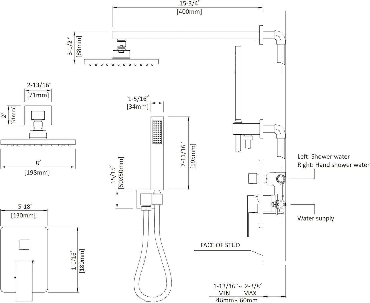 Rainfall Shower System Matte Black with High Pressure 8 inch Shower Head Hand Held Shower Head Bathroom Luxury Rain Mixer Shower Complete Combo Set Wall Mounted (Valve Included)