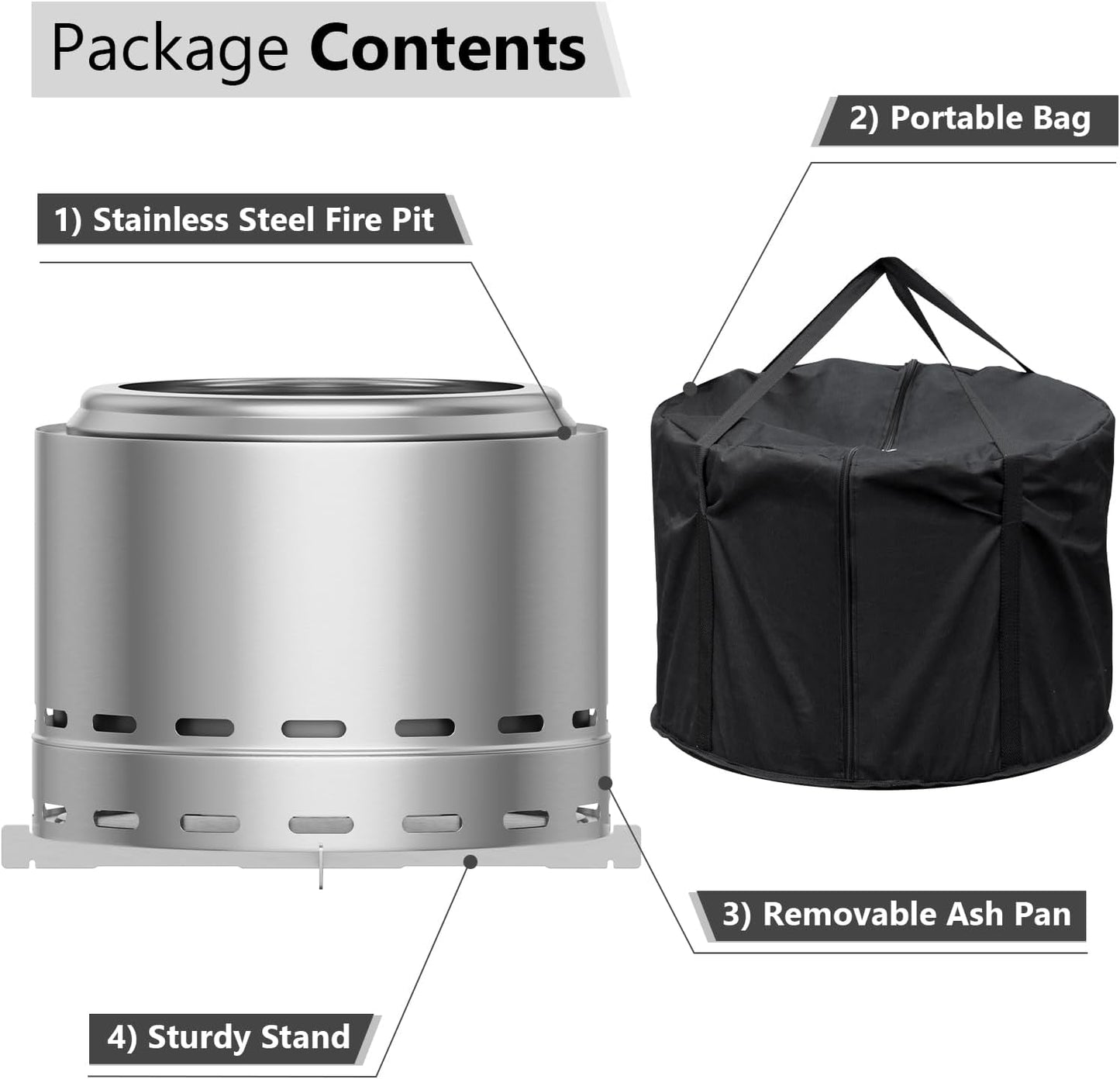 ROOMTEC 19.5" Smokeless Fire Pit, Portable Outdoor Firepit with Stand and Bag, Easy Clean Wood Burning Fireplaces with Removable Ash Pan, Low Smoke Bonfire for Camping, Patio and Outside