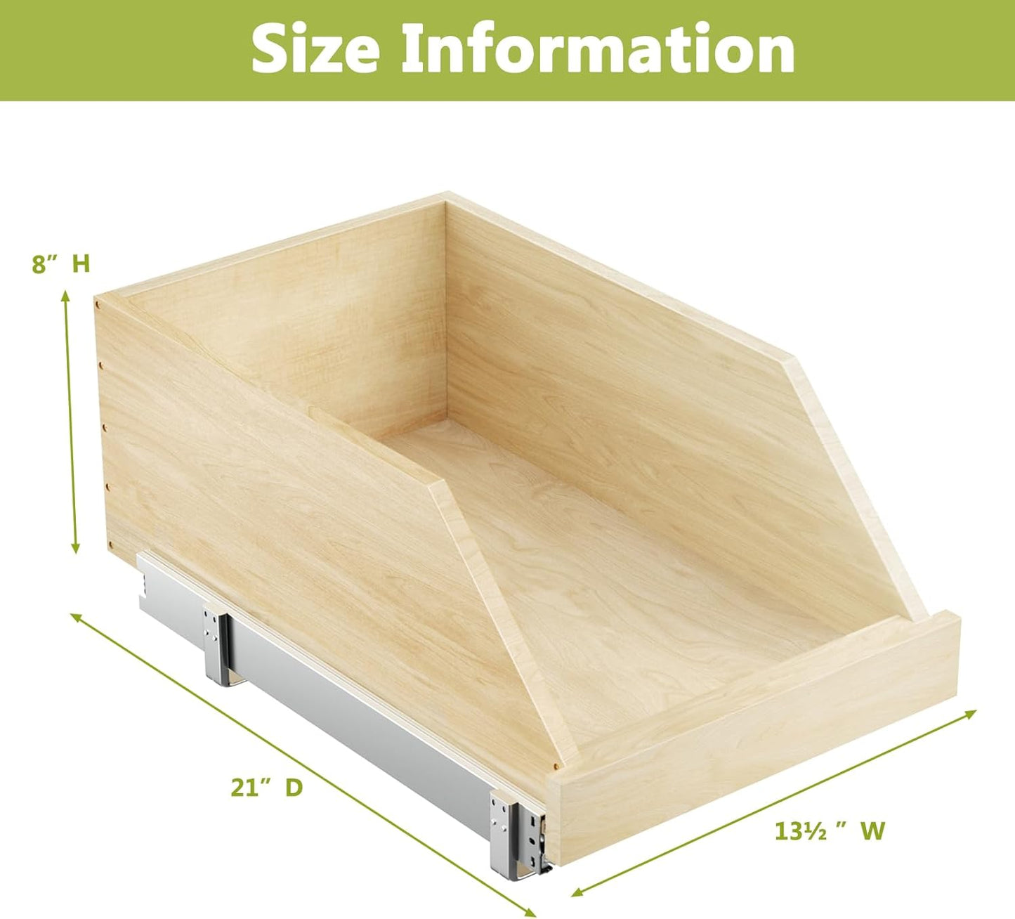 ROOMTEC Pull Out Cabinet Organizer with Full Extension Rail Slides, Pull Out Shelf for Kitchen Cabinet Pantry, Beveled 8" High Pull out Drawer Storage Organizer with U Bracket, 10½"W×21"D, Hard Close