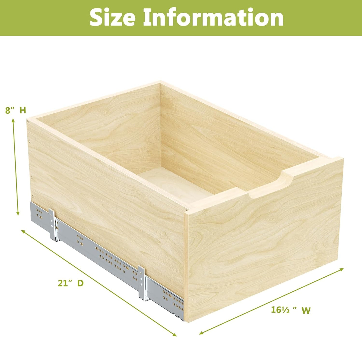 ROOMTEC Pull Out Cabinet Organizer with Full Extension Rail Slides, Wooden Pull Out Shelf for Kitchen Cabinet Pantry, 8" High Pull Out Drawer Storage Organizer with U Bracket, 10½"W×21" D, Hard Close