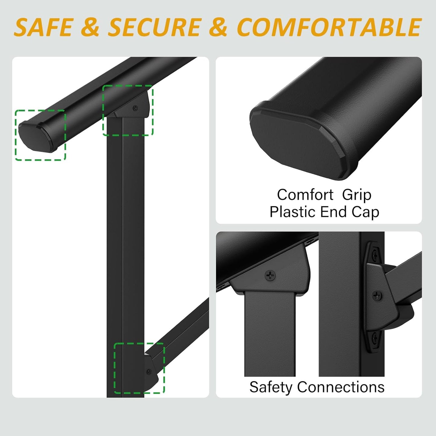 ROOMTEC 2 Pack 2 Step Handrails for Outdoor Steps, Safety Outdoor Hand Rails for Exterior Steps, Black Wrought Iron Stair Railing Kit (1-2 Steps Handrail)