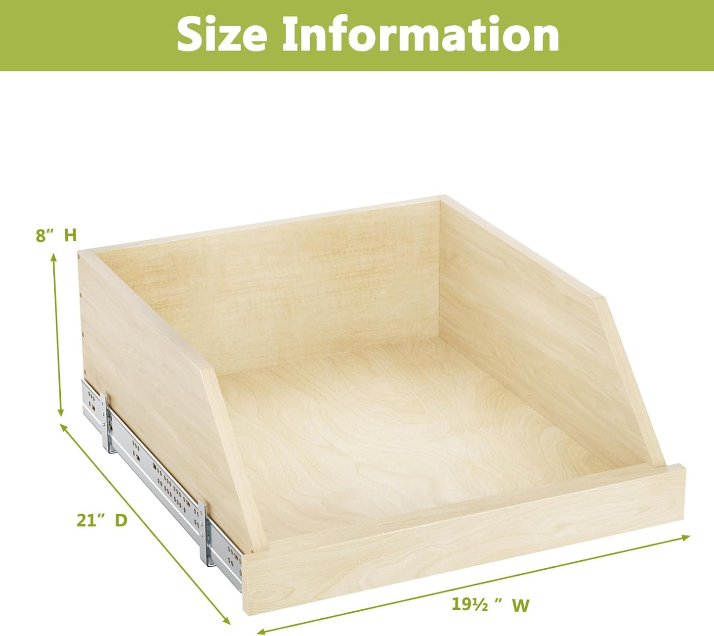 ROOMTEC Pull Out Cabinet Organizer with Full Extension Rail Slides, Pull Out Shelf for Kitchen Cabinet Pantry, Beveled 8" High Pull out Drawer Storage Organizer with U Bracket, 10½"W×21"D, Hard Close