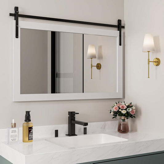ROOMTEC Farmhouse Mirror, Rustic Mirror 26X40 Inch Rustic Wood Framed Wall Mirror Rectangle Decorative Mirror for Bathroom, Living Room, Entryway, Bedroom Wall Decor (White)