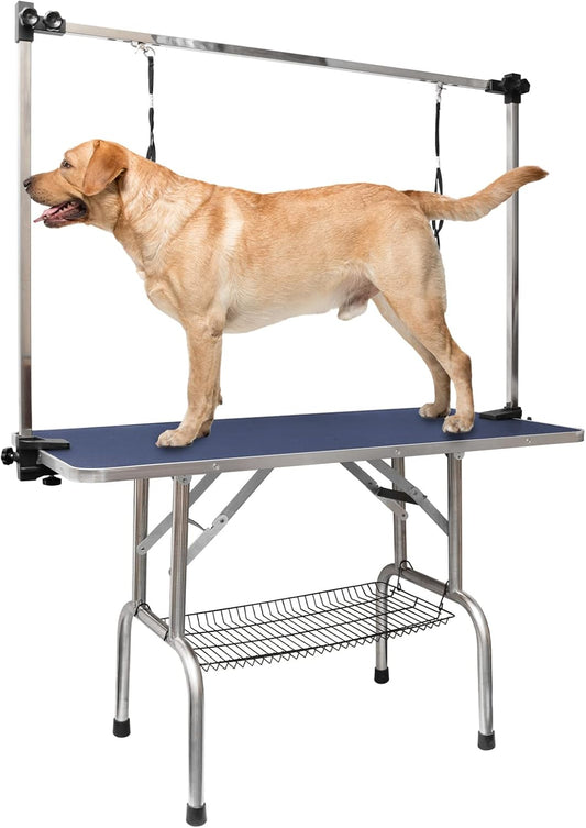 ROOMTEC 46" Dog Grooming Table,Foldable Home Pet Bathing Station with Adjustable Height Arm/Noose/Mesh Tray
