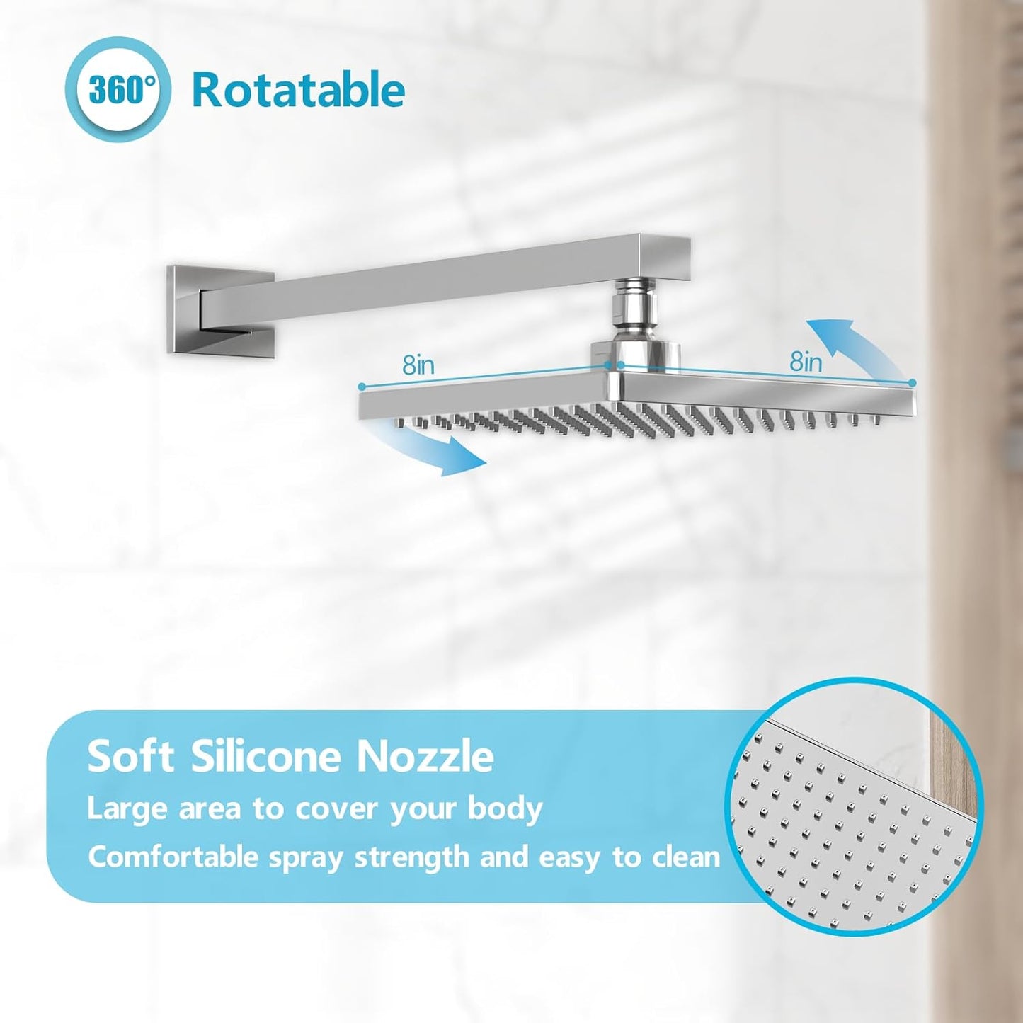 ROOMTEC Rainfall Shower System High Pressure 8 inch Shower Head Hand Held Shower Head Bathroom Luxury Rain Mixer Shower Complete Combo Set Wall Mounted, Chrome (Valve Included)