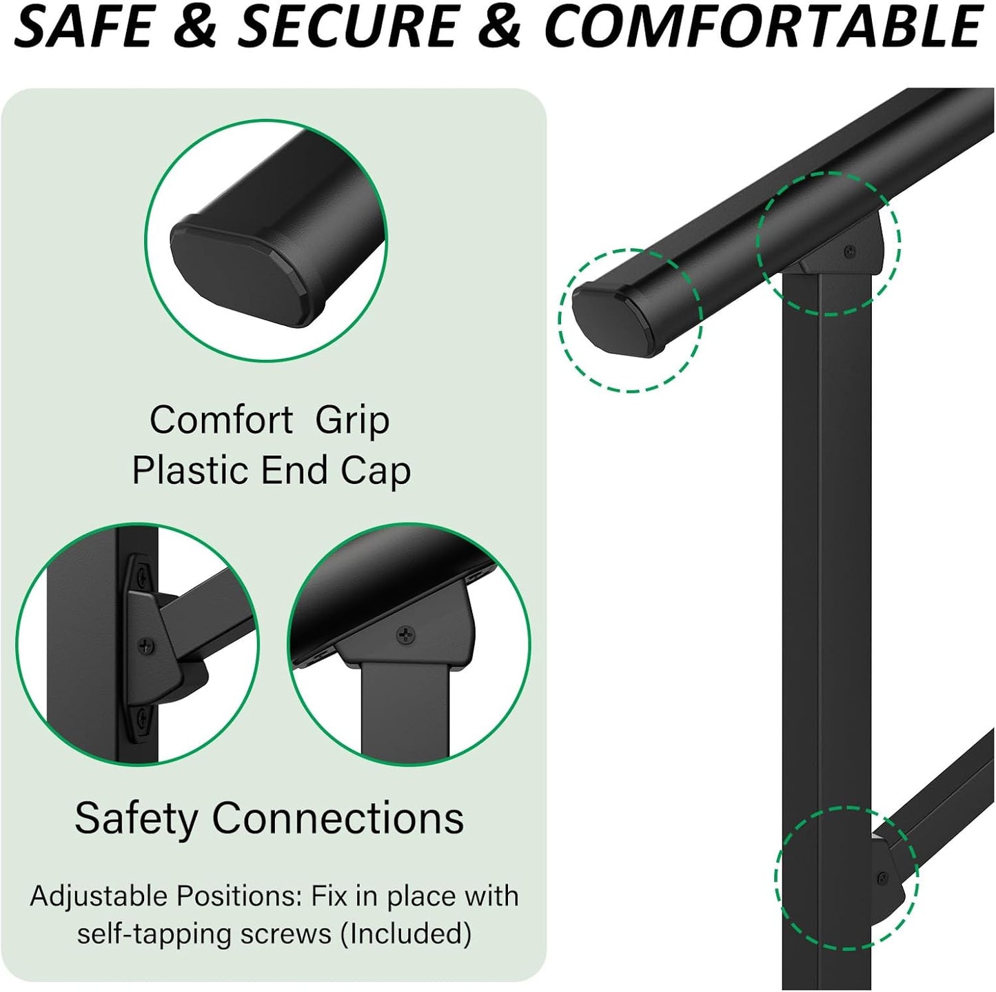 ROOMTEC  2 Step Hand Rails for Outdoor Steps, Wrought Iron Railing, Exterior Hand Railing for Steps, Porch Railing Kit (1-2 Steps Handrail)