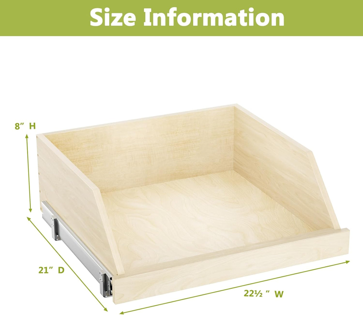 ROOMTEC Pull Out Cabinet Organizer with Full Extension Rail Slides, Pull Out Shelf for Kitchen Cabinet Pantry, Beveled 8" High Pull out Drawer Storage Organizer with U Bracket, 10½"W×21"D, Hard Close