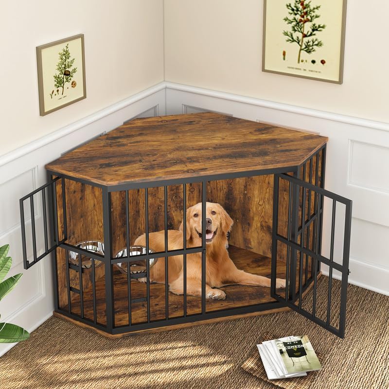 ROOMTEC 42 inch Furniture Dog Crate Corner, Dog Kennel Corner Wooden End Table with Bowl, Indoor Pet Crates Corner Side Table for Dogs, Wide Top Perfect for Limited Room