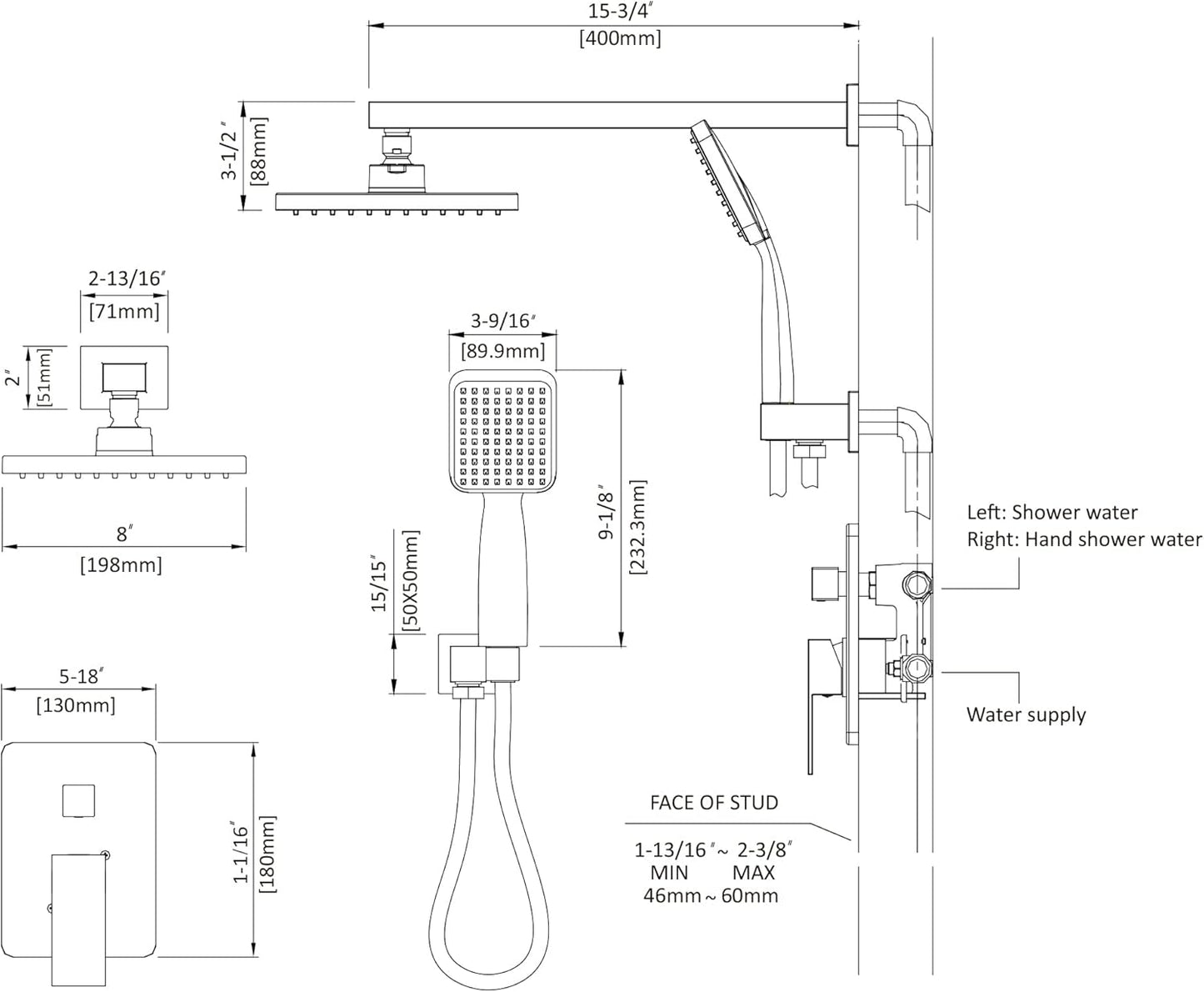 ROOMTEC Rainfall Shower System Matte Black with High Pressure 8 inch Shower Head Hand Held Shower Head Bathroom Luxury Rain Mixer Shower Complete Combo Set Wall Mounted (Valve Included)