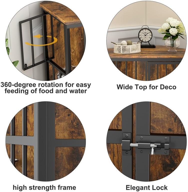 ROOMTEC 42 inch Furniture Dog Crate Corner, Dog Kennel Corner Wooden End Table with Bowl, Indoor Pet Crates Corner Side Table for Dogs, Wide Top Perfect for Limited Room