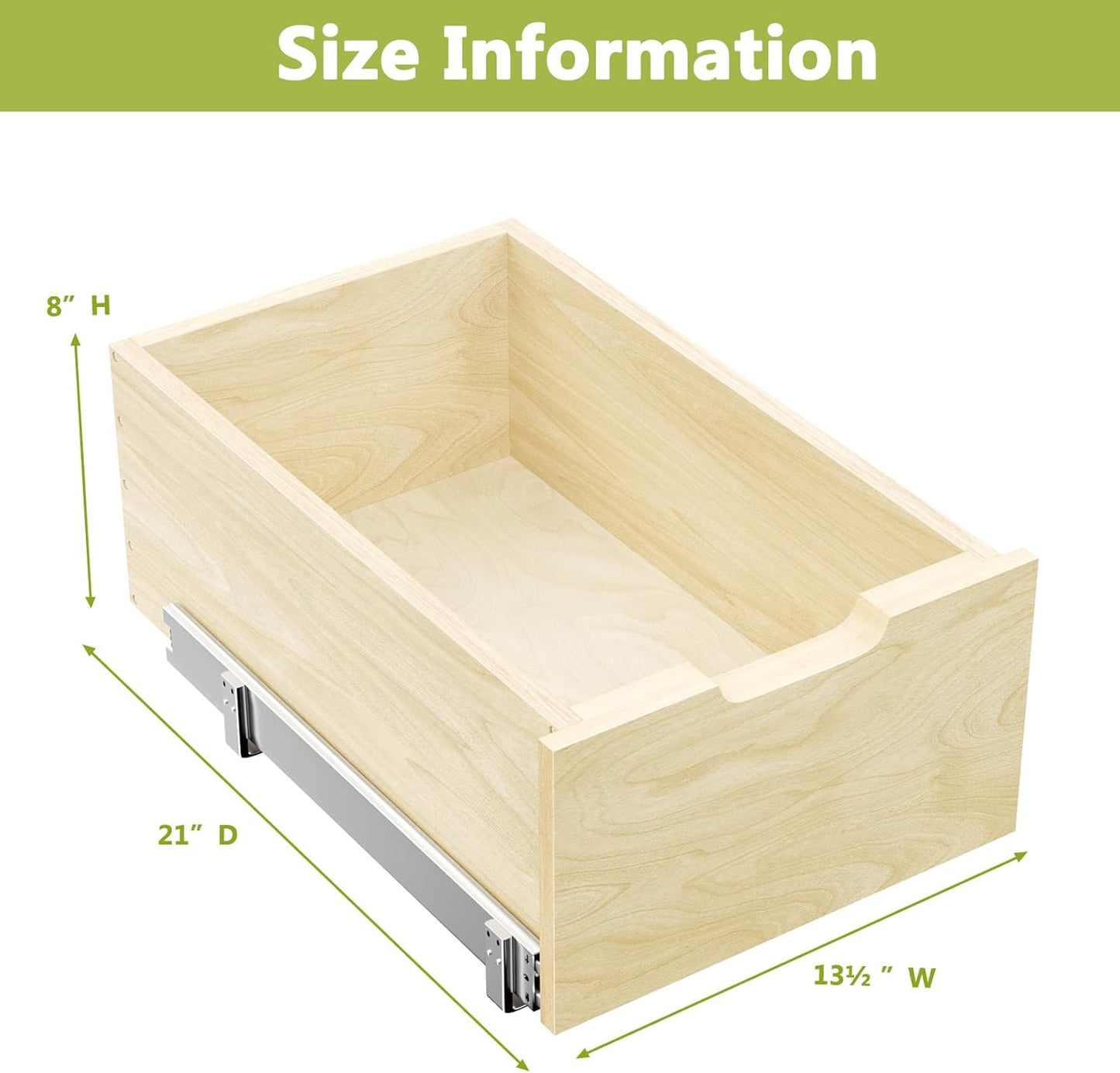 ROOMTEC Pull Out Cabinet Organizer with Full Extension Rail Slides, Wooden Pull Out Shelf for Kitchen Cabinet Pantry, 8" High Pull Out Drawer Storage Organizer with U Bracket, 10½"W×21" D, Hard Close