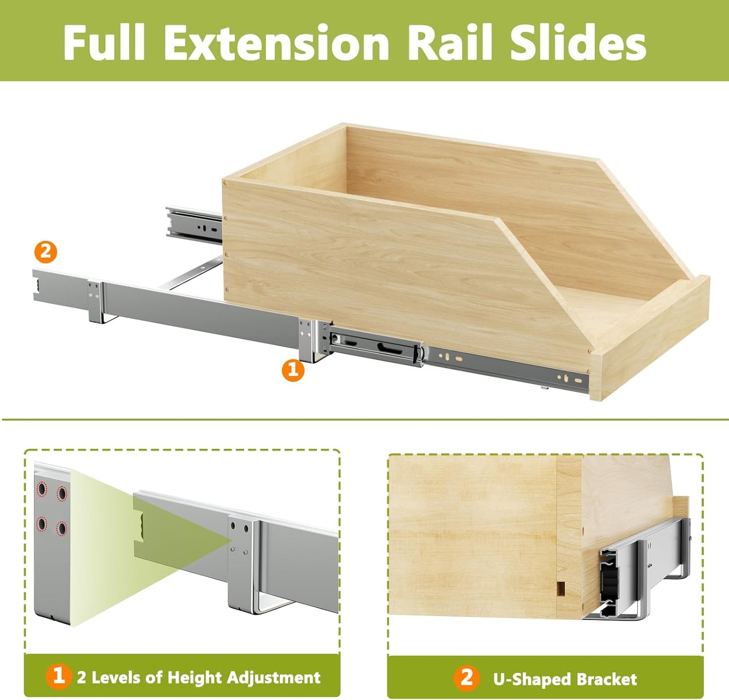 ROOMTEC Pull Out Cabinet Organizer with Full Extension Rail Slides, Pull Out Shelf for Kitchen Cabinet Pantry, Beveled 8" High Pull out Drawer Storage Organizer with U Bracket, 10½"W×21"D, Hard Close