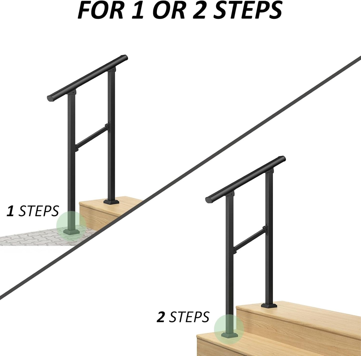 ROOMTEC  2 Step Hand Rails for Outdoor Steps, Wrought Iron Railing, Exterior Hand Railing for Steps, Porch Railing Kit (1-2 Steps Handrail)