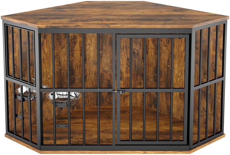 ROOMTEC 42 inch Furniture Dog Crate Corner, Dog Kennel Corner Wooden End Table with Bowl, Indoor Pet Crates Corner Side Table for Dogs, Wide Top Perfect for Limited Room