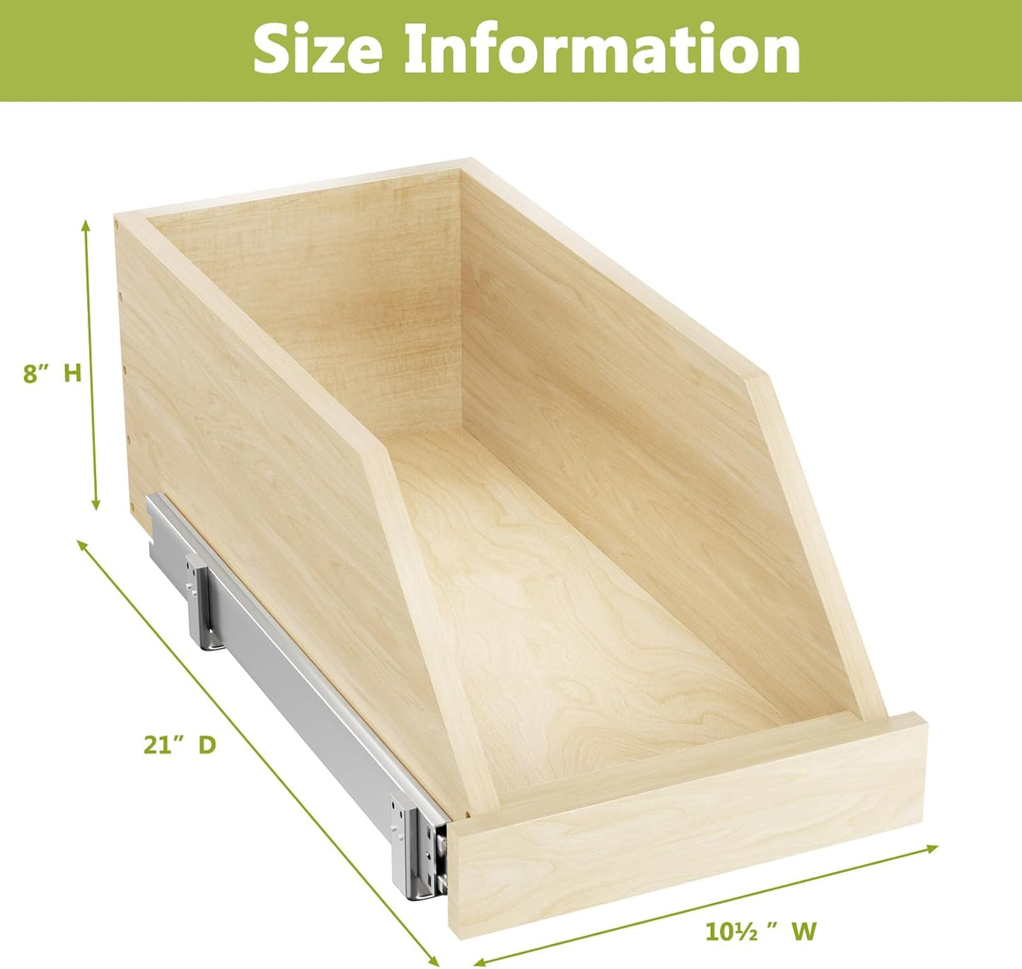 ROOMTEC Pull Out Cabinet Organizer with Full Extension Rail Slides, Pull Out Shelf for Kitchen Cabinet Pantry, Beveled 8" High Pull out Drawer Storage Organizer with U Bracket, 10½"W×21"D, Hard Close