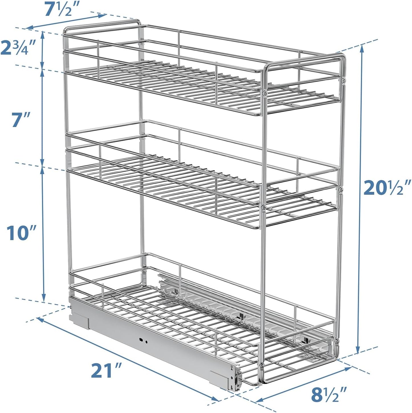 ROOMTEC Pull Out Spice Rack for Narrow Cabinet (5½" W X 21" D),3 Tier Slide Out Cabinet Organizer and Pull Out Shelves Under Cabinet Storage for Kitchen, Chrome