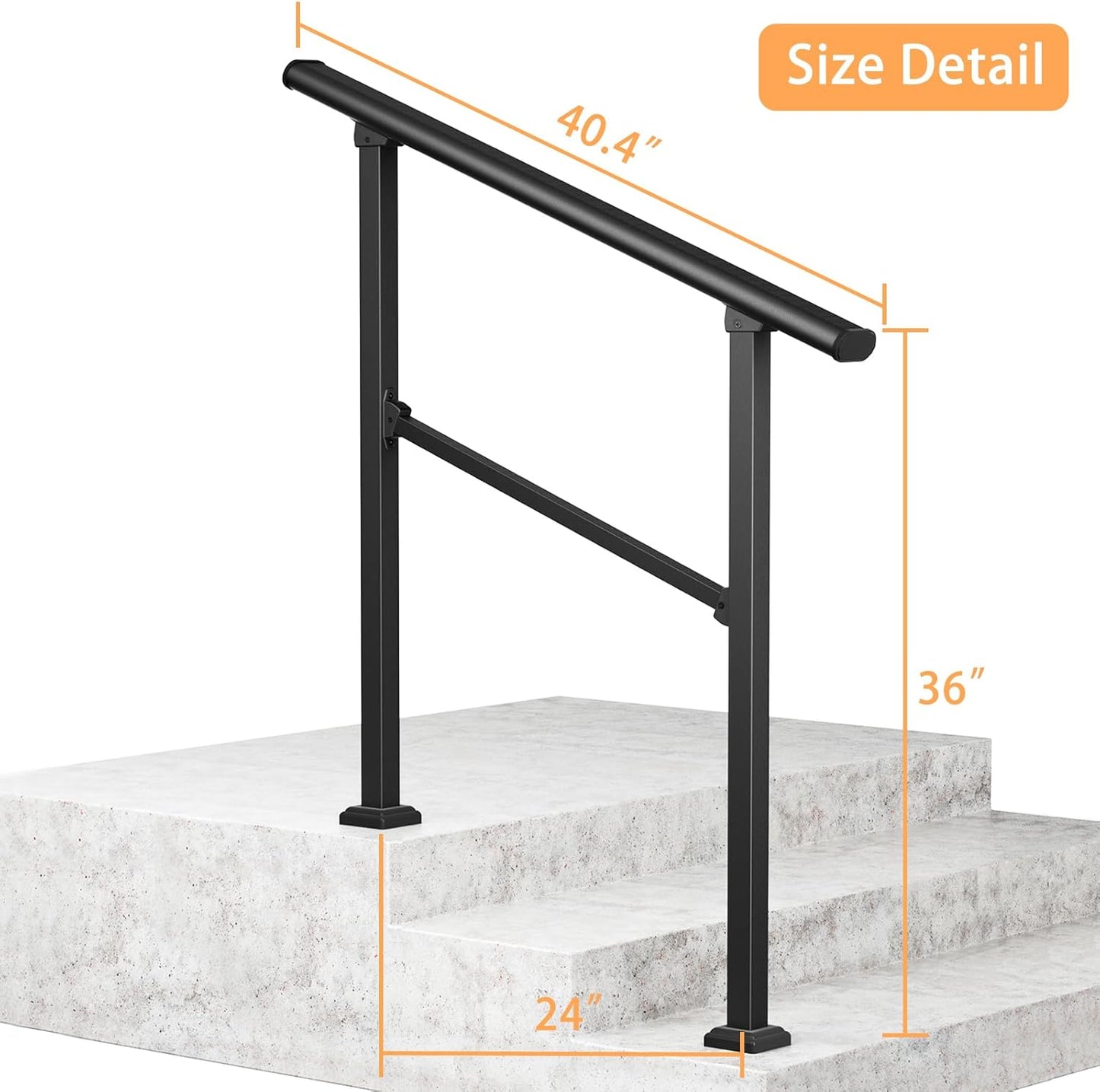 ROOMTEC  2 Step Hand Rails for Outdoor Steps, Wrought Iron Railing, Exterior Hand Railing for Steps, Porch Railing Kit (1-2 Steps Handrail)