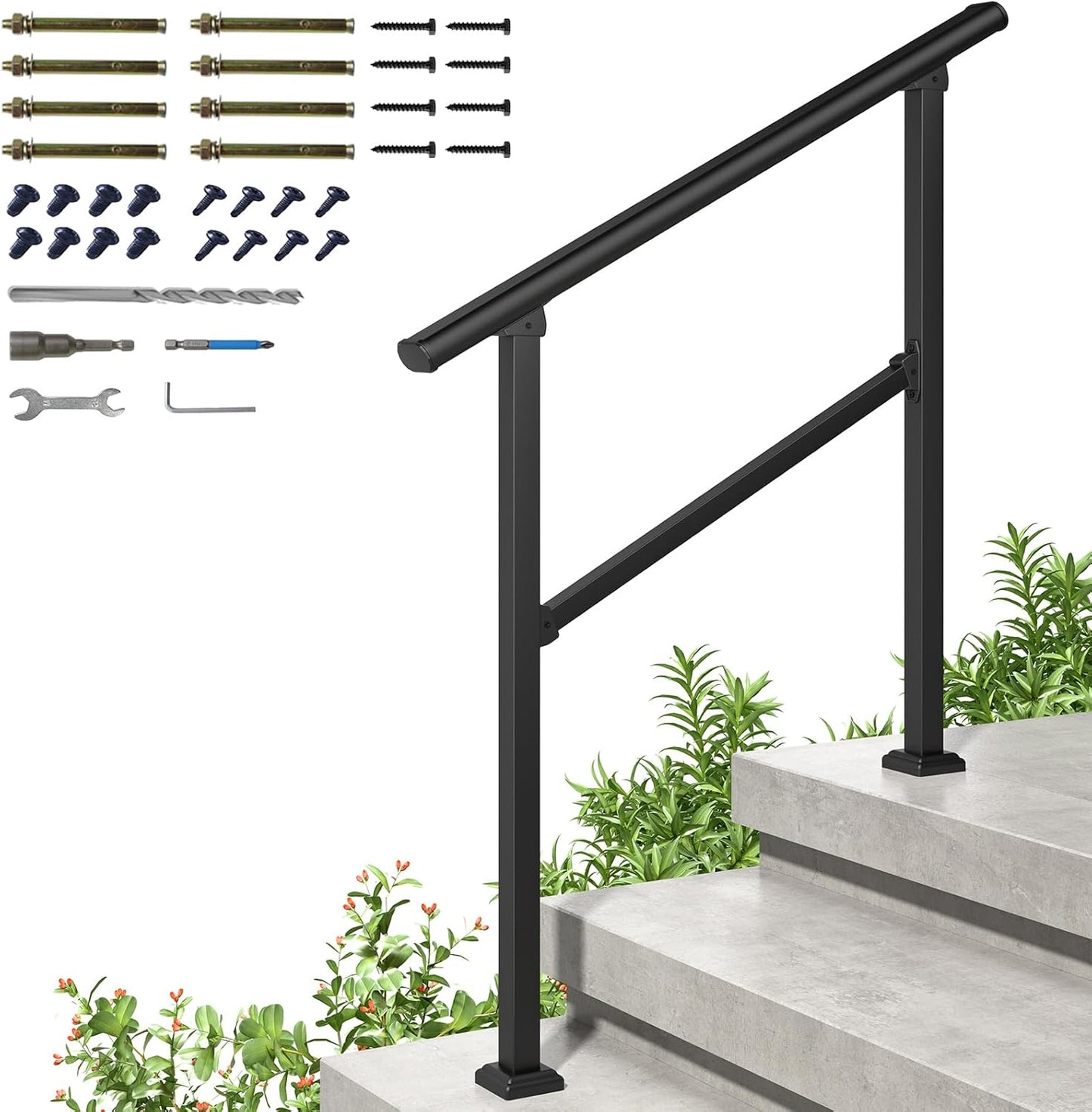 ROOMTEC 2 Pack 2 Step Handrails for Outdoor Steps, Safety Outdoor Hand Rails for Exterior Steps, Black Wrought Iron Stair Railing Kit (1-2 Steps Handrail)