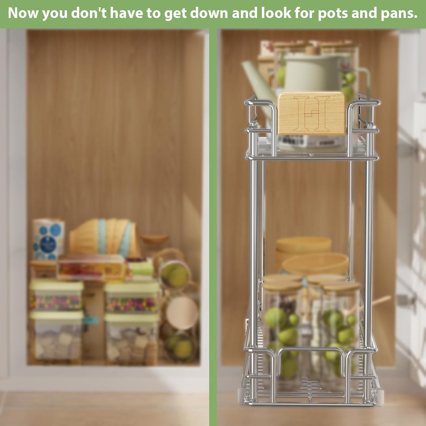 ROOMTEC Pull Out Cabinet Organizer With Wooden Handle 10½" W x 21½" D 2-Tier Cabinet Drawer Pull Out Shelves Under Cabinet Storage for Kitchen