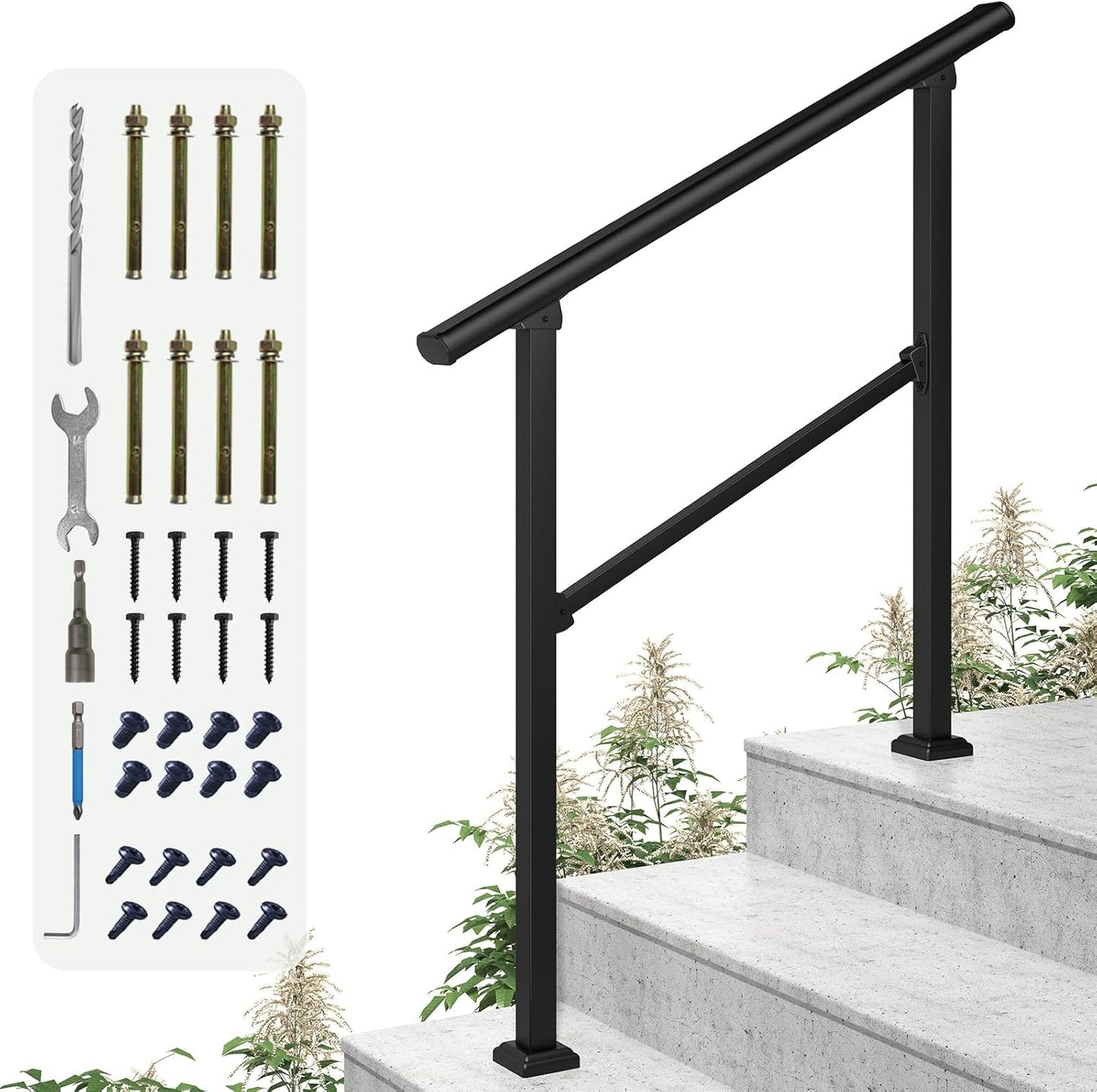 ROOMTEC  2 Step Hand Rails for Outdoor Steps, Wrought Iron Railing, Exterior Hand Railing for Steps, Porch Railing Kit (1-2 Steps Handrail)