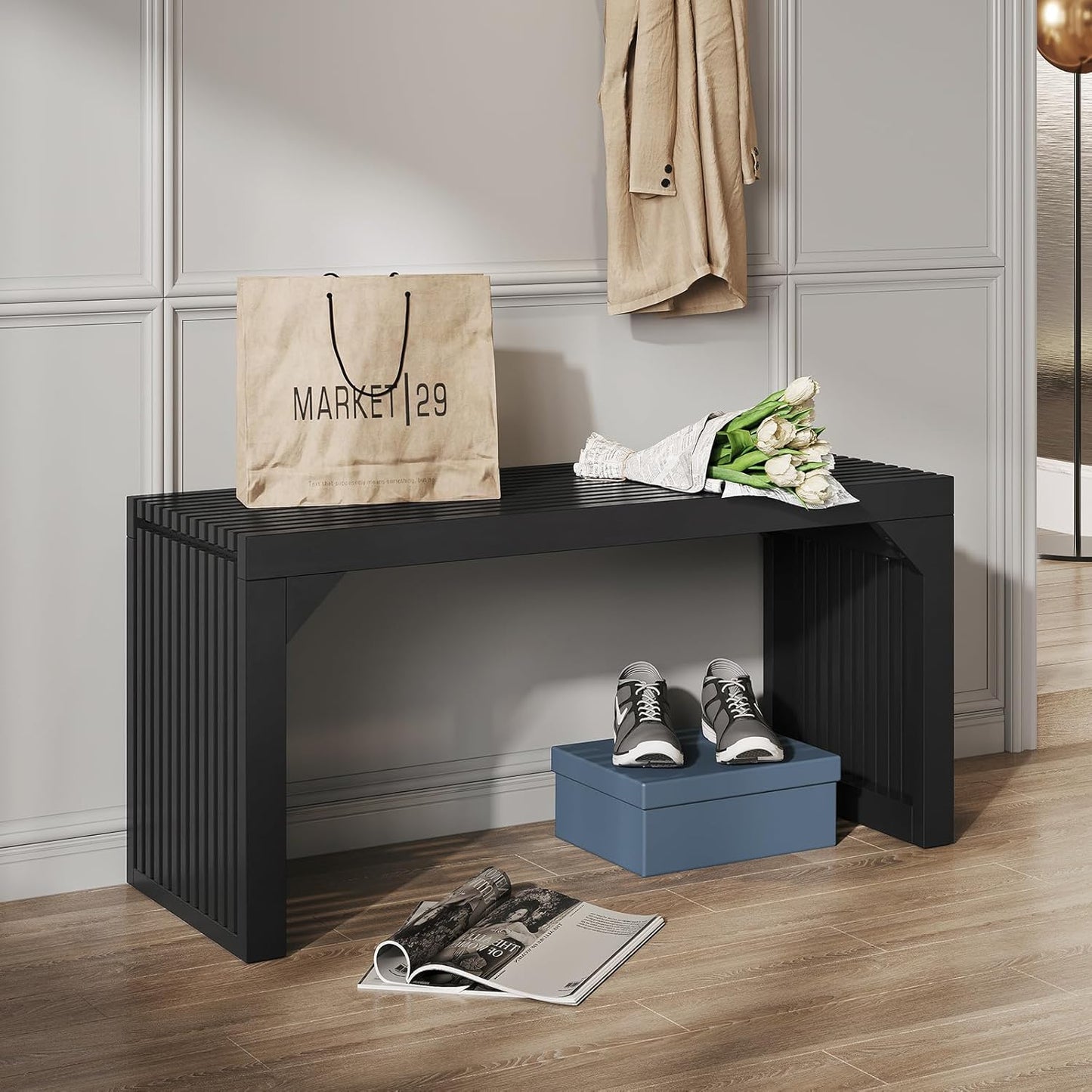 ROOMTEC 18" Dining Bench, Indoor Wood Bench for Entryway,Living Room,Kitchen and Bedroom (Nature, Small Bench)