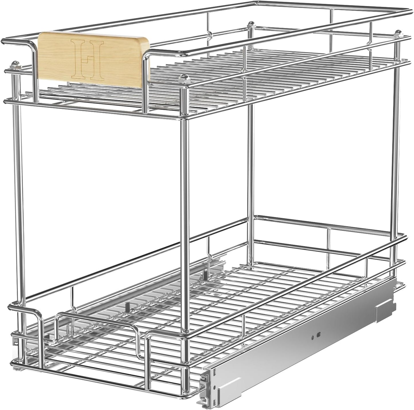 ROOMTEC Pull Out Cabinet Organizer With Wooden Handle 10½" W x 21½" D 2-Tier Cabinet Drawer Pull Out Shelves Under Cabinet Storage for Kitchen